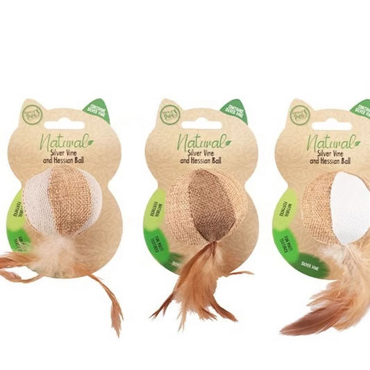 Natural Hessian and Silver vine cat ball with feather!