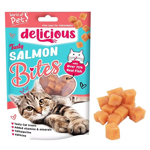 Box of 10 x World of Pets Delicious Salmon Bite Cat Treats